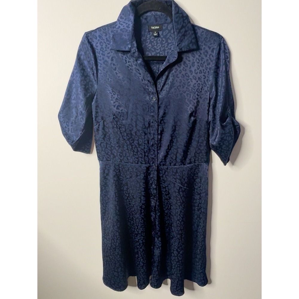 Tacera Navy Blue Tonal Leopard-print Button-up Dress Small